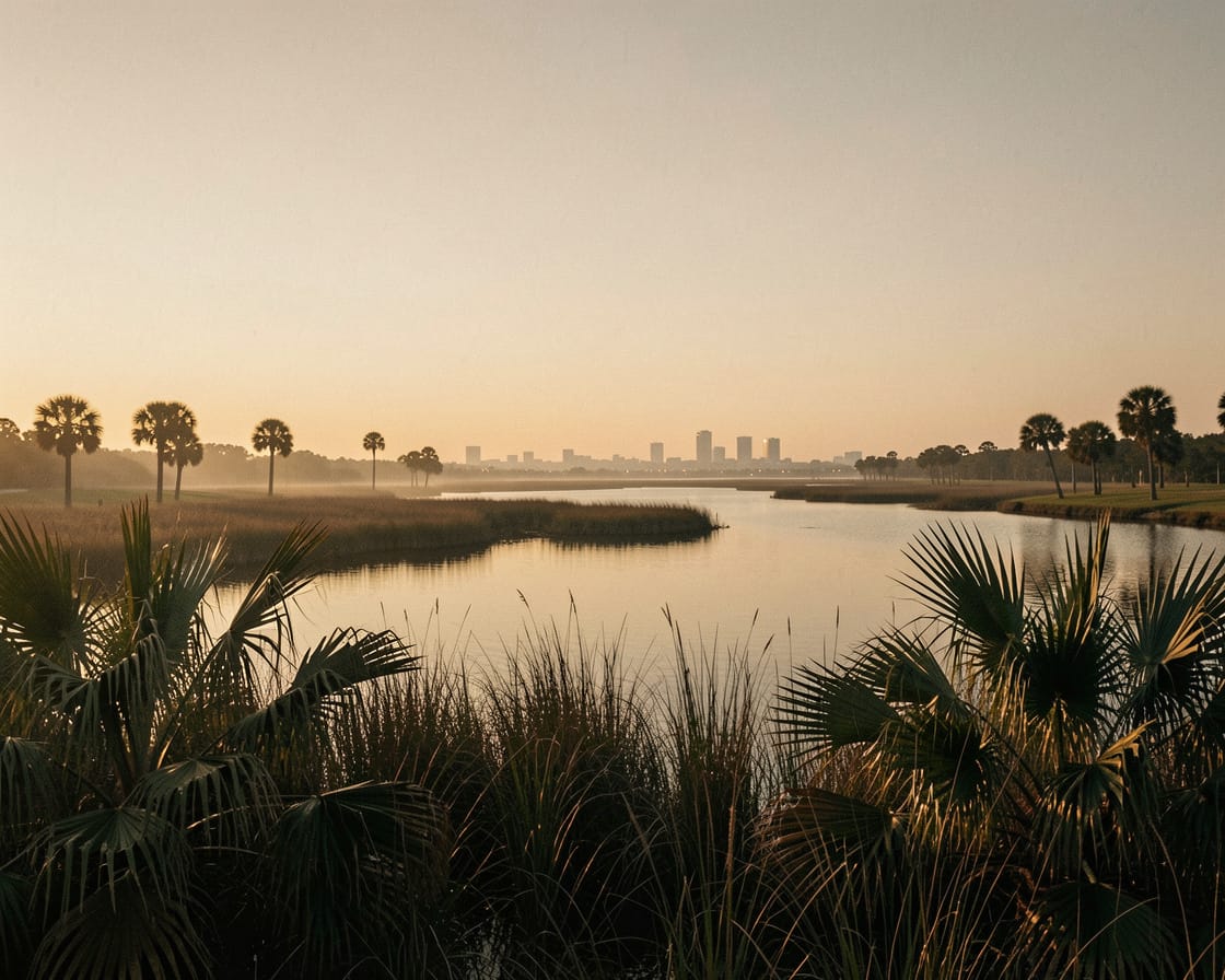 A calm Central Florida wetland and skyline at sunset